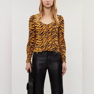 Reformation Notta Tiger Print Crepe Blouse Size Small Button Up Puff Sleeves